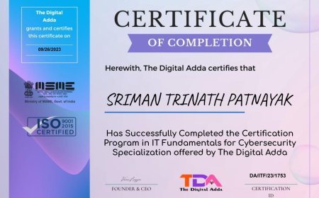 ସାଇବର ସିକ୍ୟୁରିଟି ସ୍ପେସିଆଲାଇଜେସନ୍ ପାଇଁ ଆଇଟି ମୌଳିକତା କାର୍ଯ୍ୟକ୍ରମରେ ଅଂଶଗ୍ରହଣ ସ୍ୱରୂପ ତ୍ରିନାଥ ପଟ୍ଟନାୟକଙ୍କୁ ପ୍ରମାଣପତ୍ର ପ୍ରଦାନ