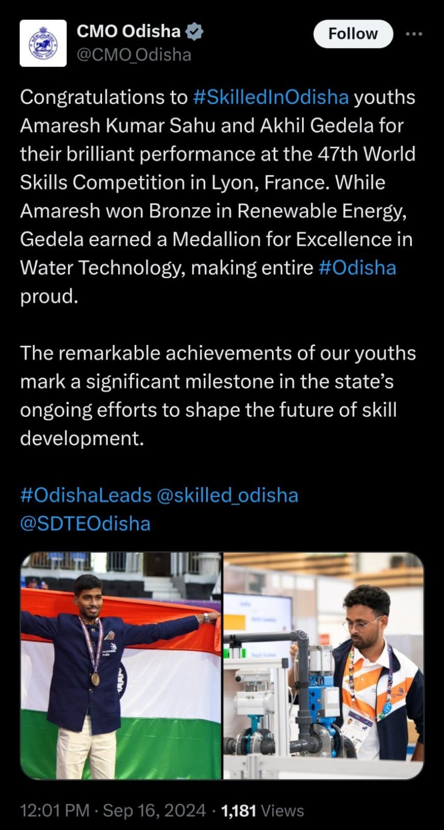 Odisha gets two awards at 47th WorldSkills Competition in Lyon, France